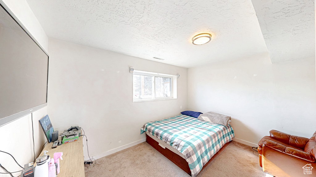 Carpeted bedroom featuring a textured ceiling