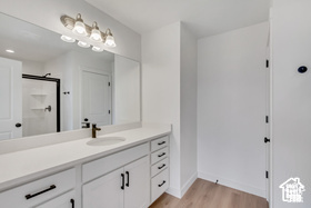Bathroom featuring hardwood / wood-style flooring, vanity, and a shower with shower door