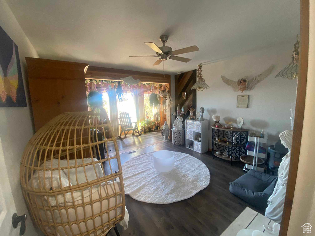 Living area featuring a ceiling fan and wood finished floors