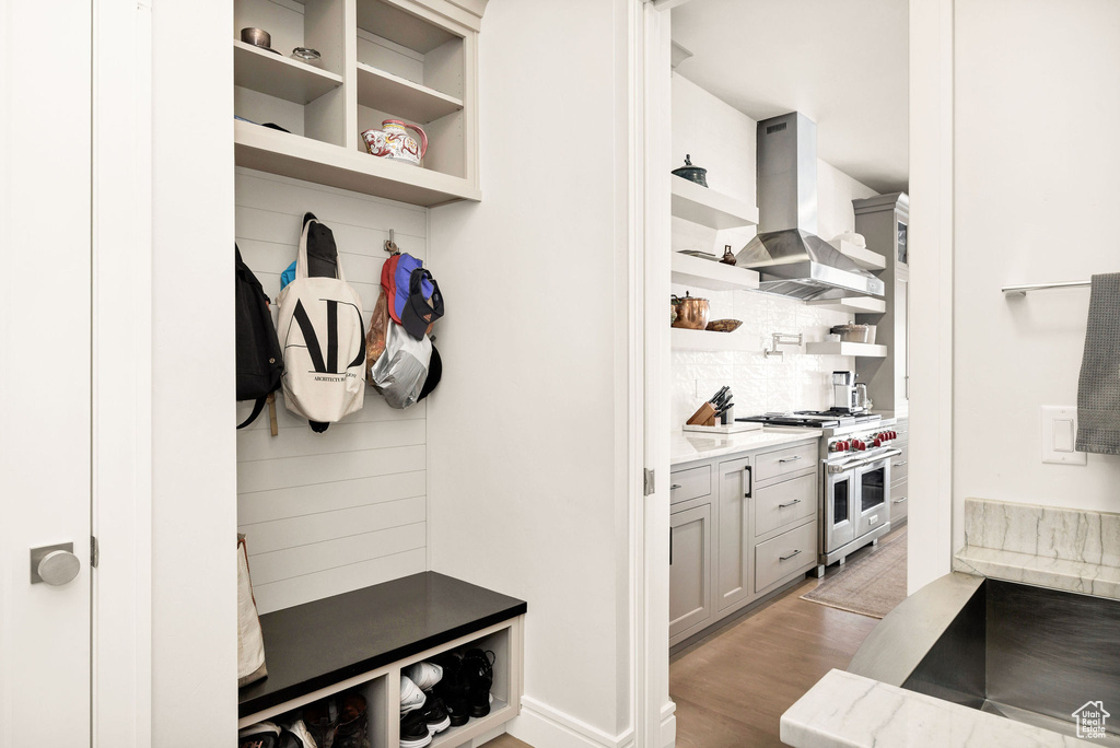 Mudroom with light wood-type flooring