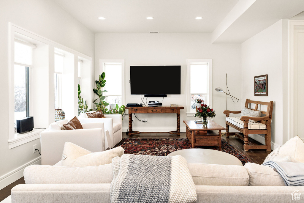 Living room with dark wood-type flooring