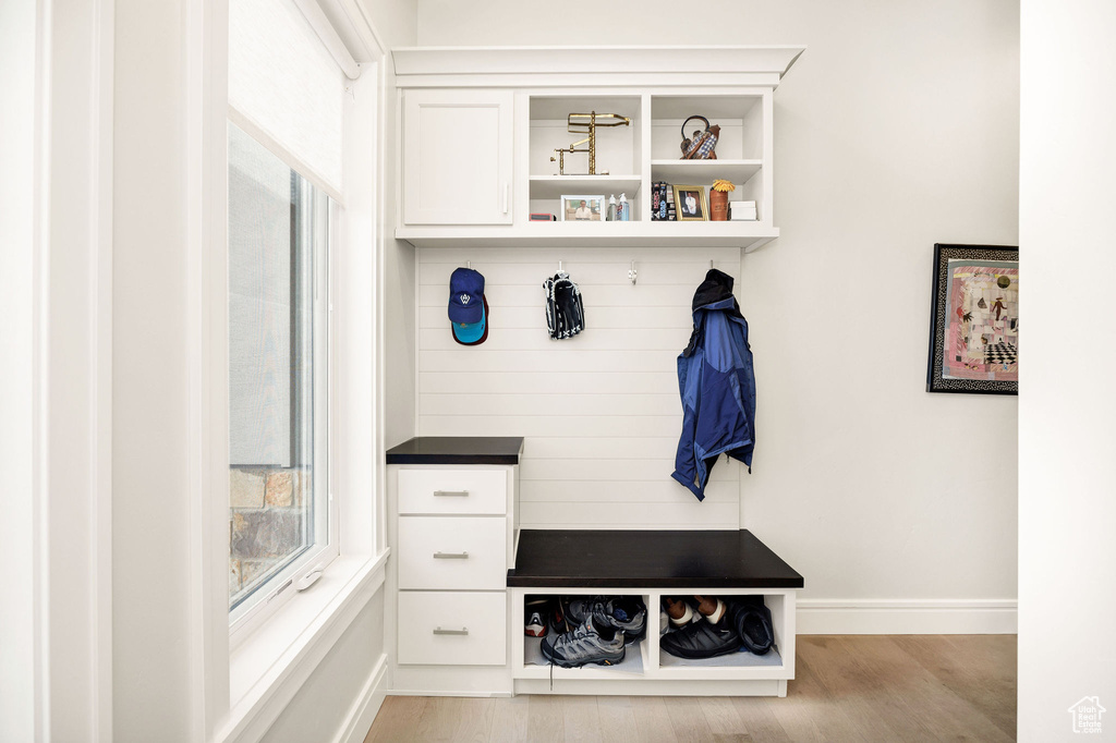 Mudroom with light hardwood / wood-style flooring