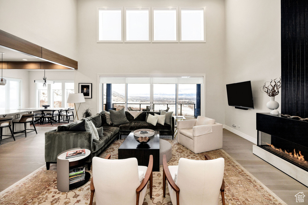 Living room with hardwood / wood-style floors and a towering ceiling