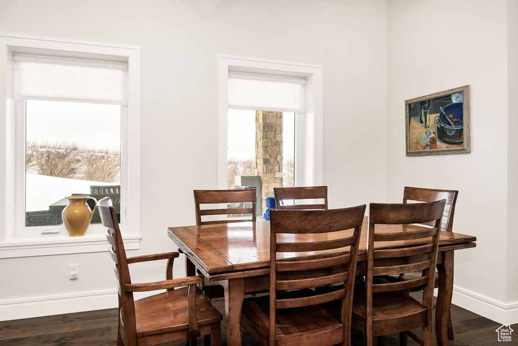 Dining area featuring dark wood-type flooring