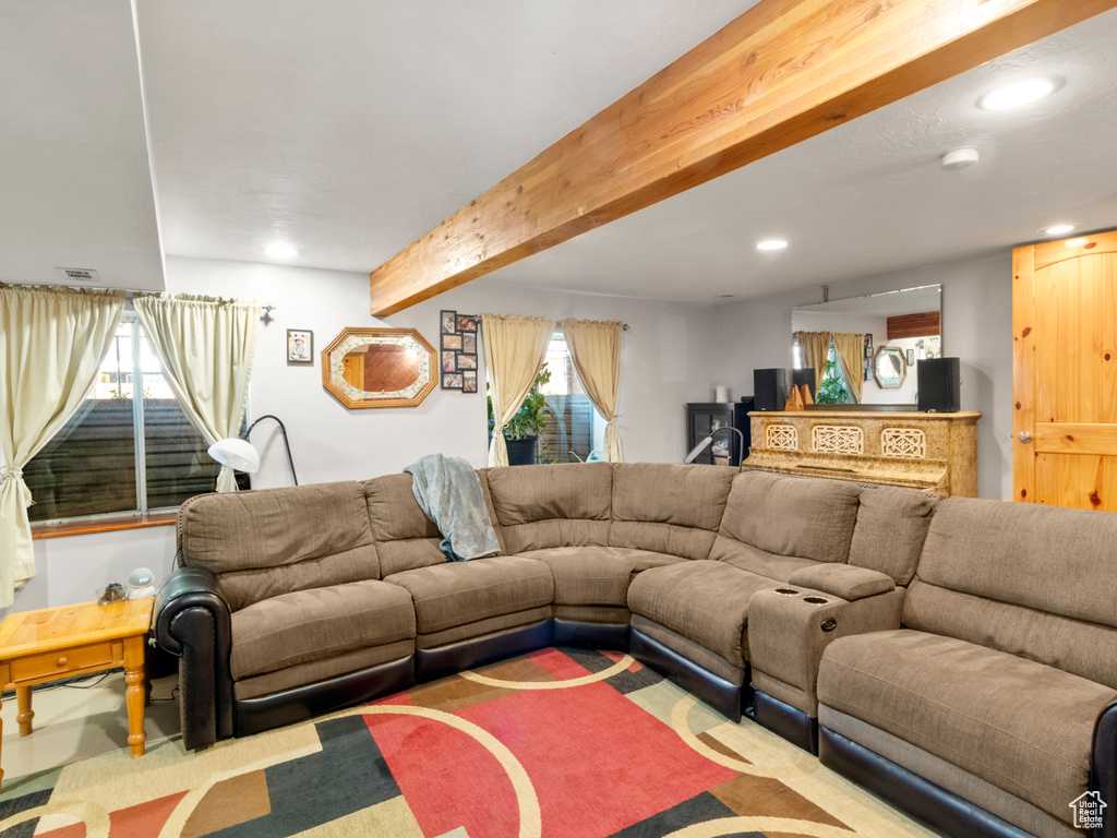 Living room with beam ceiling