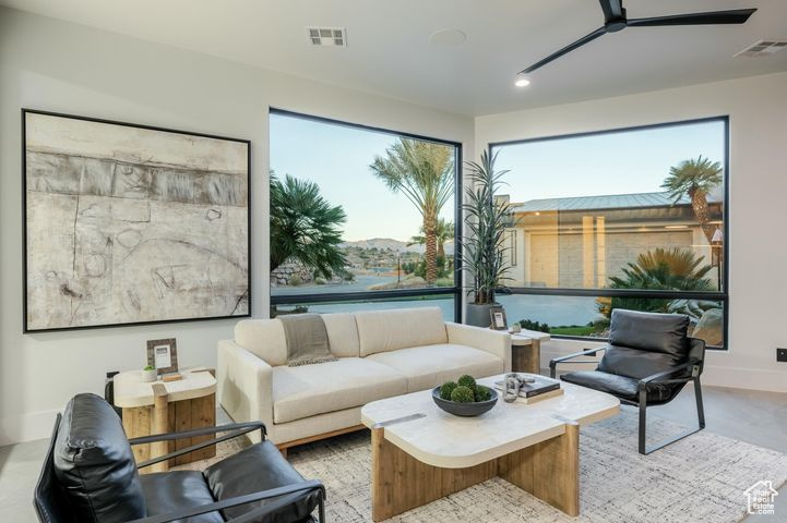 Interior space featuring ceiling fan