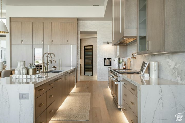 Kitchen with light hardwood / wood-style flooring, high end stainless steel range oven, wall chimney exhaust hood, decorative backsplash, and sink