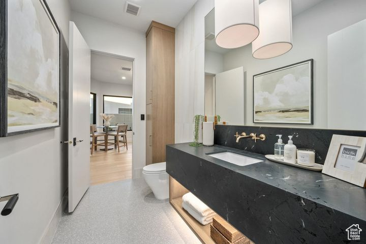 Bathroom featuring vanity, toilet, and backsplash