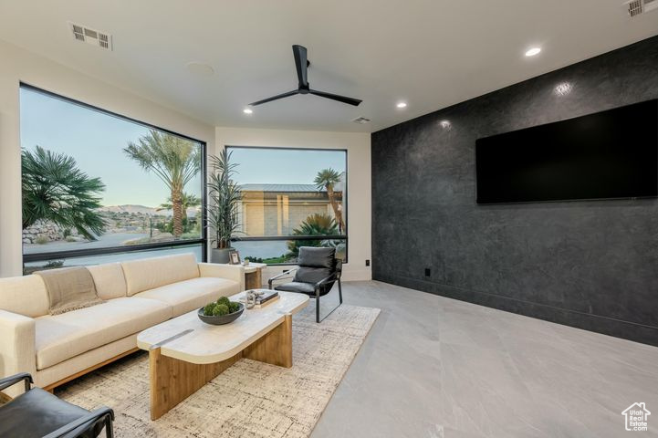 Interior space featuring ceiling fan