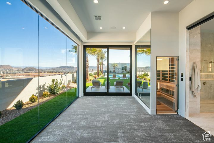 Interior space featuring a mountain view