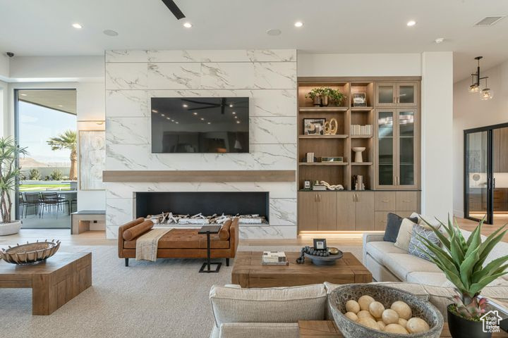 Living room with a premium fireplace