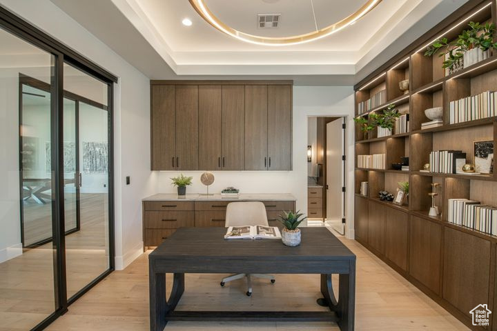 Office with light hardwood / wood-style floors and a raised ceiling