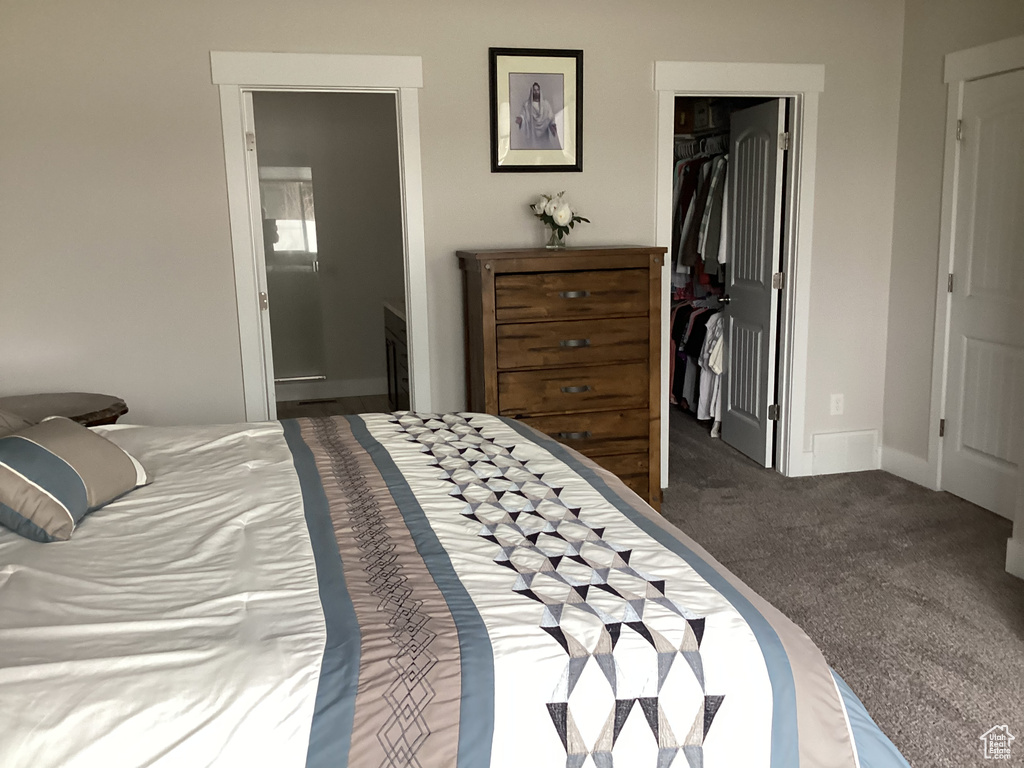 Carpeted bedroom with a spacious closet, ensuite bath, and a closet