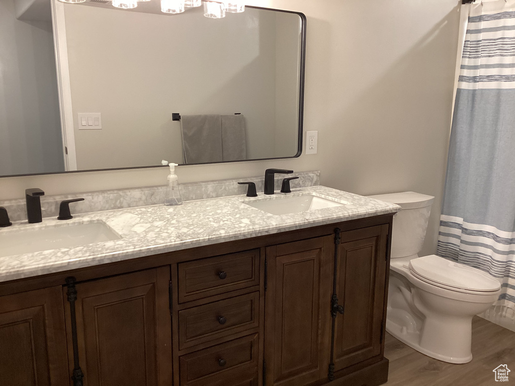 Bathroom featuring toilet, vanity, hardwood / wood-style floors, and walk in shower