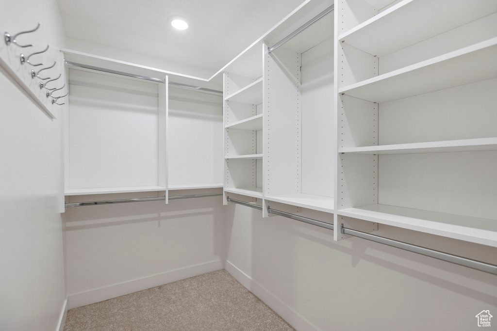 Spacious closet with light colored carpet