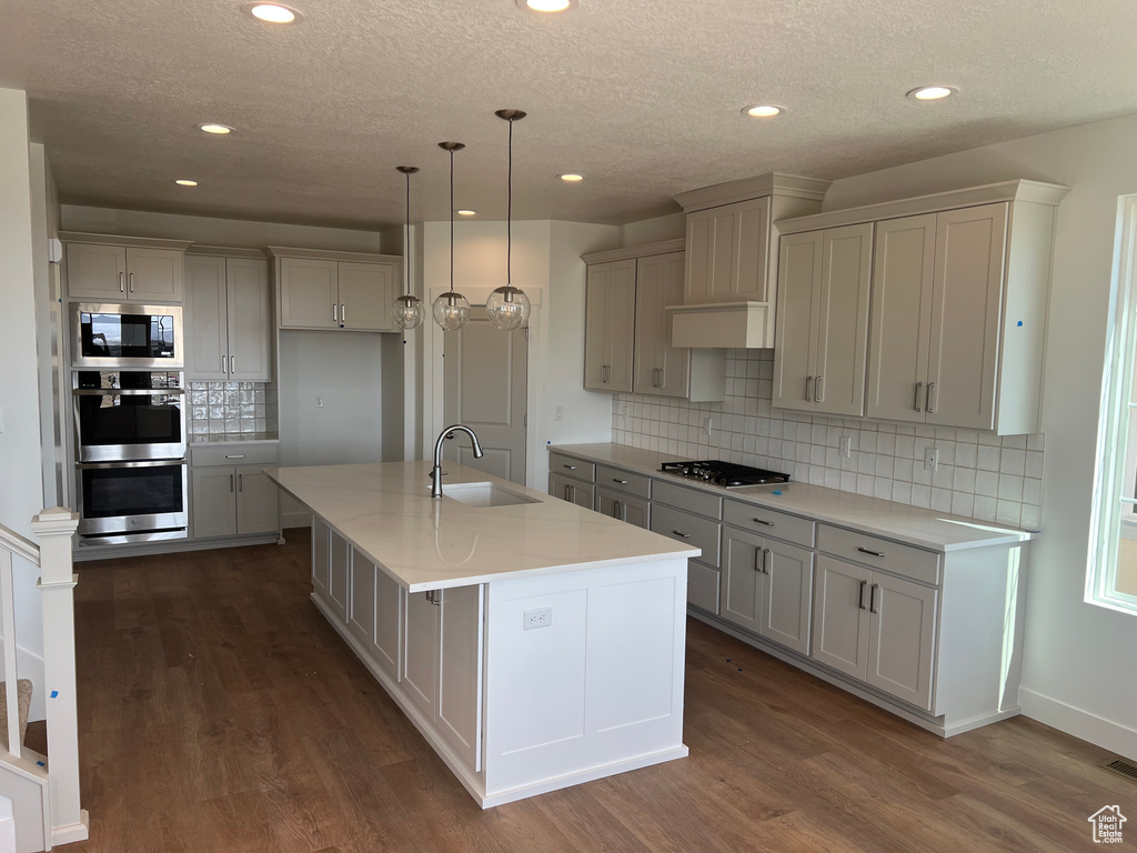 Kitchen featuring dark wood-type flooring, light countertops, a sink, and appliances with stainless steel finishes