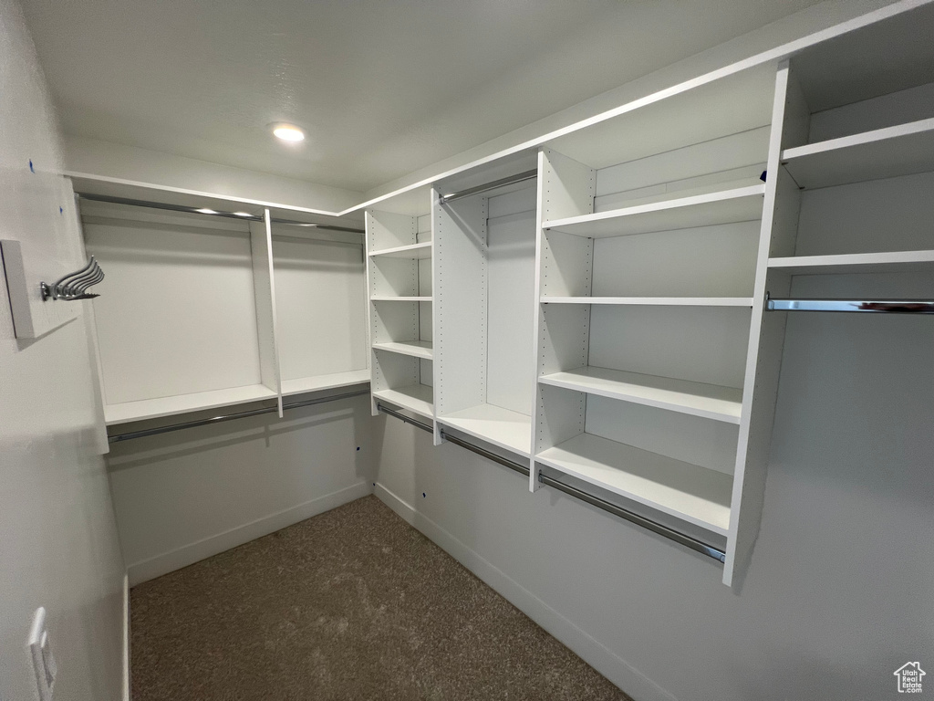 Walk in closet with dark colored carpet
