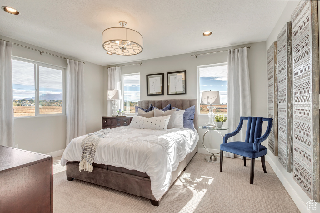 Bedroom with multiple windows and light colored carpet