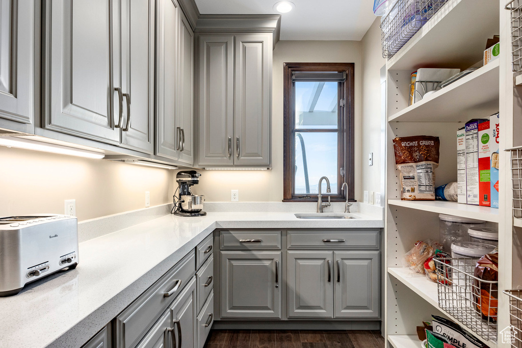 Kitchen with gray cabinets, a sink, open shelves, light countertops, and dark wood-style flooring