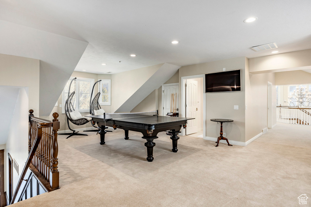 Rec room with light carpet, recessed lighting, and baseboards