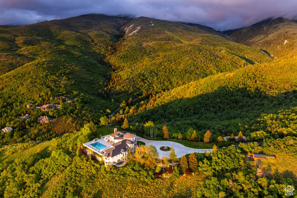 Aerial view of property's location with a heavily wooded area and a mountainous background