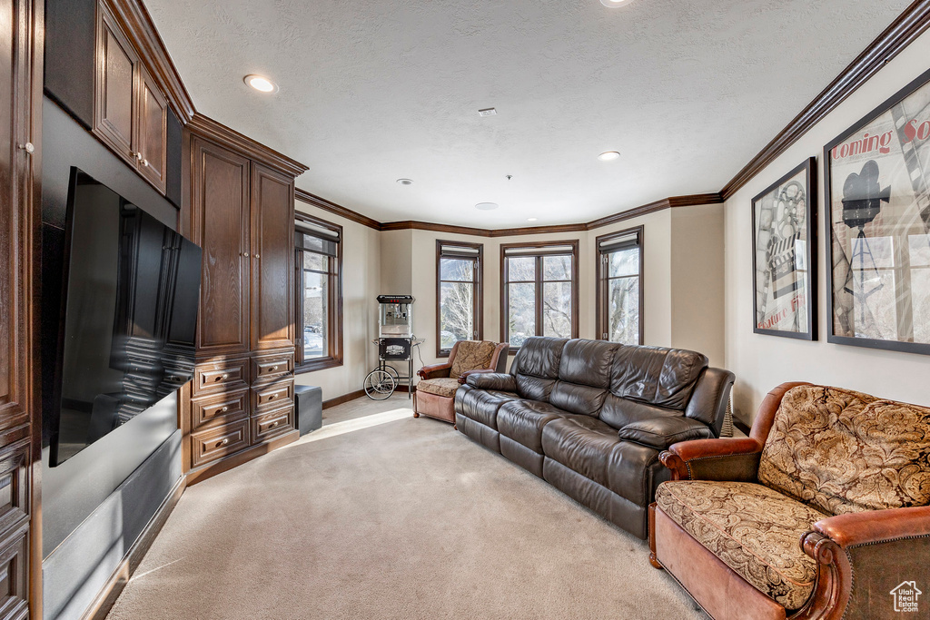 Living room with light carpet, plenty of natural light, recessed lighting, ornamental molding, and baseboards