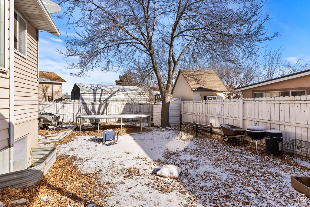 Snowy yard with a trampoline