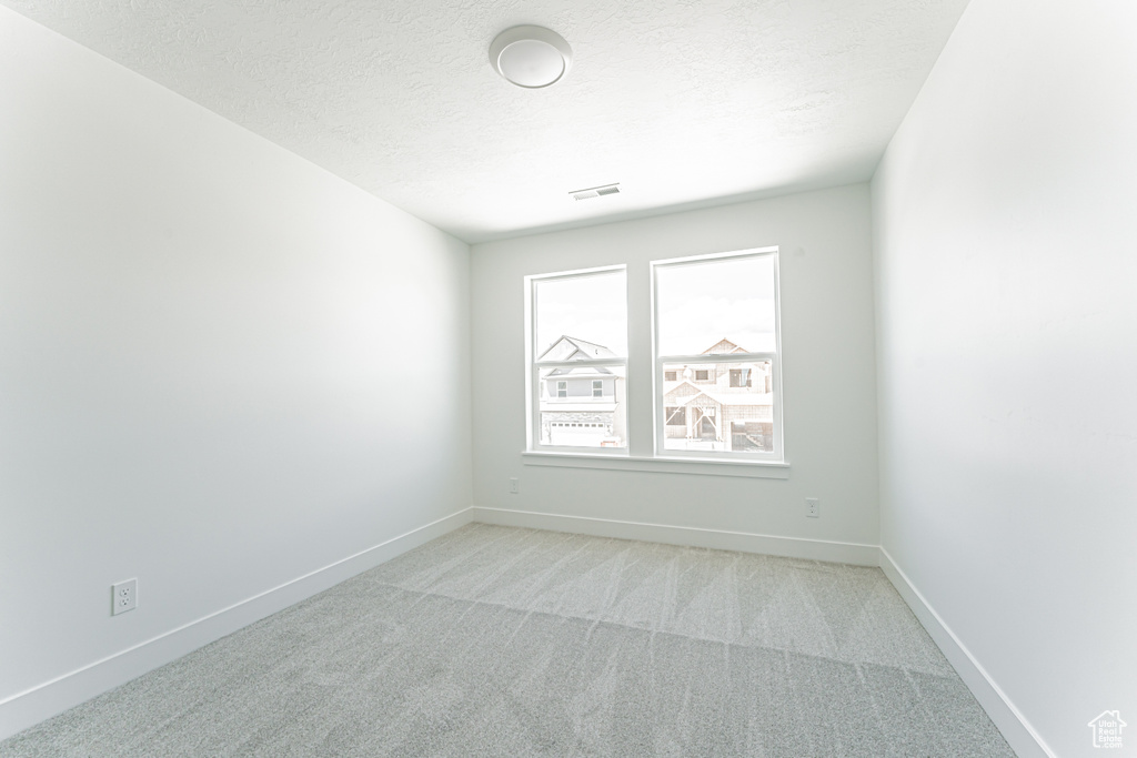 Empty room featuring light carpet, baseboards, and a textured ceiling
