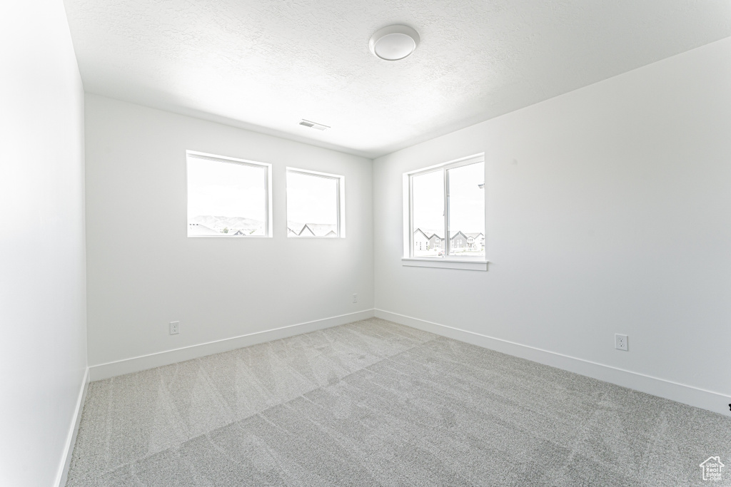 Unfurnished room with light colored carpet, a textured ceiling, and baseboards