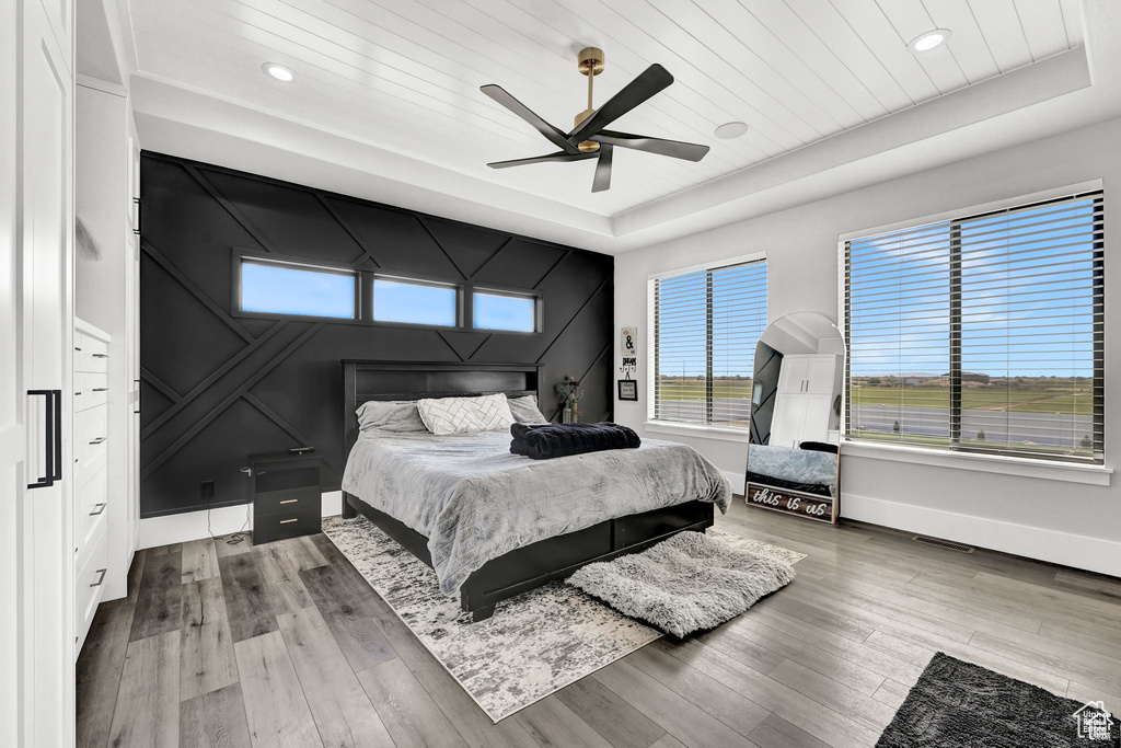 Bedroom featuring multiple windows, a tray ceiling, and wood finished floors