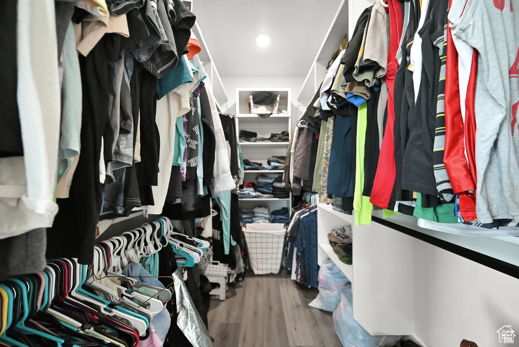 Walk in closet with wood finished floors