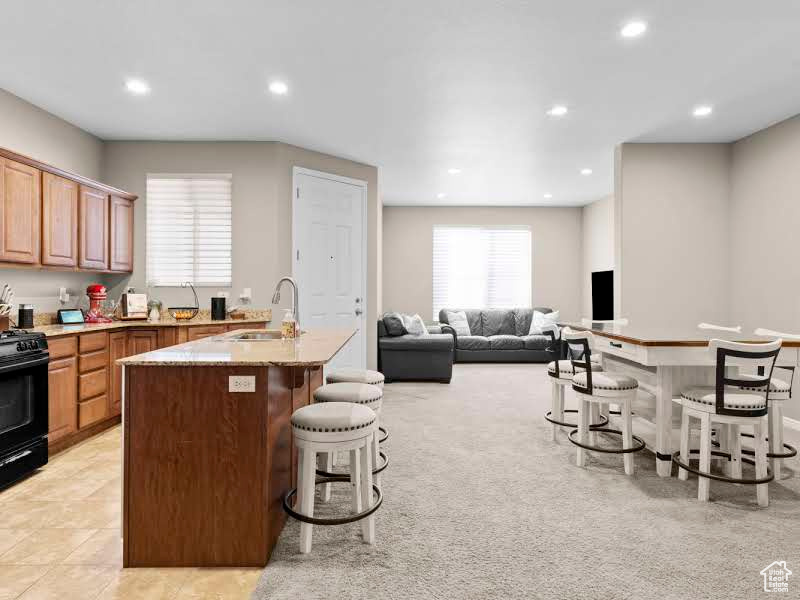 Kitchen with black range with gas stovetop, a kitchen island with sink, light stone countertops, sink, and a kitchen bar