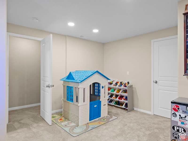 Rec room with light colored carpet