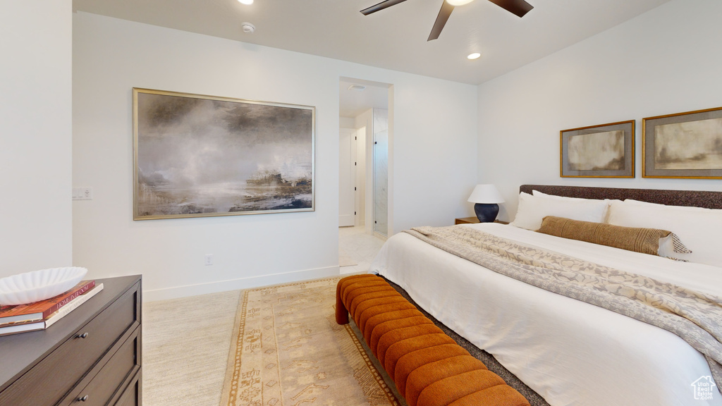 Bedroom with recessed lighting, light colored carpet, baseboards, and ceiling fan