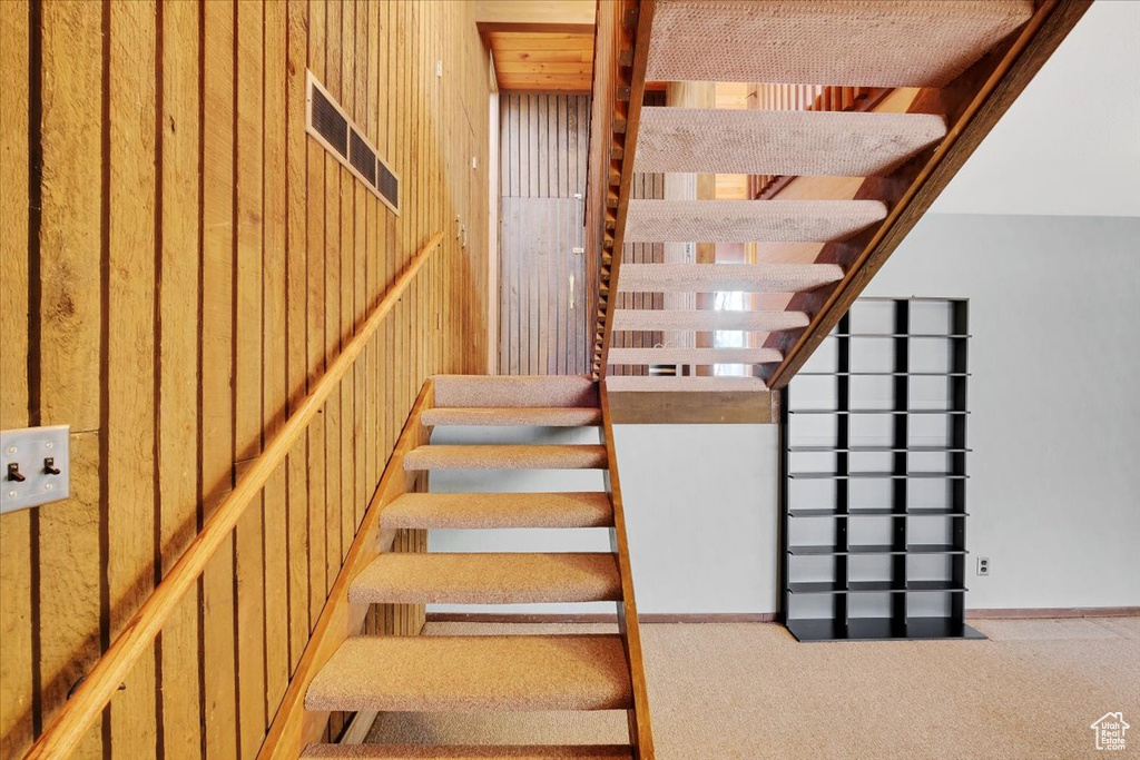 Stairs featuring carpet flooring and wood walls