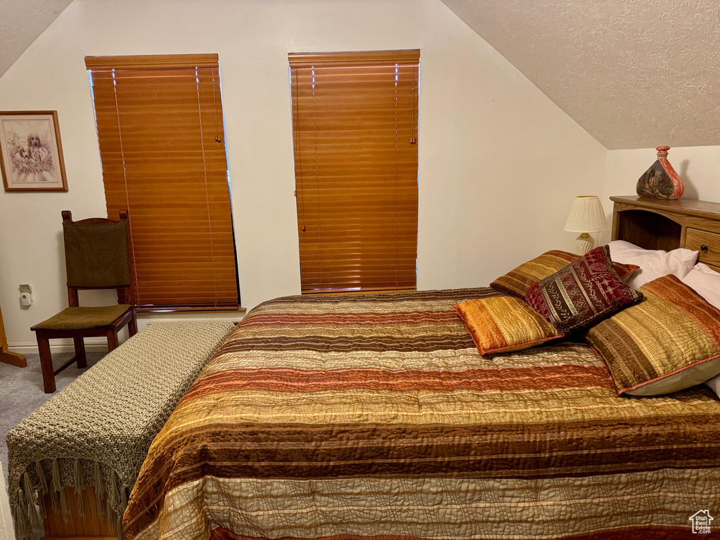 Bedroom featuring lofted ceiling, carpet, baseboards, and a textured ceiling