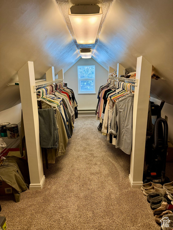 Spacious closet with carpet floors and lofted ceiling