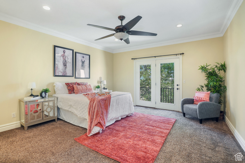 Bedroom featuring ornamental molding, access to outside, baseboards, and carpet