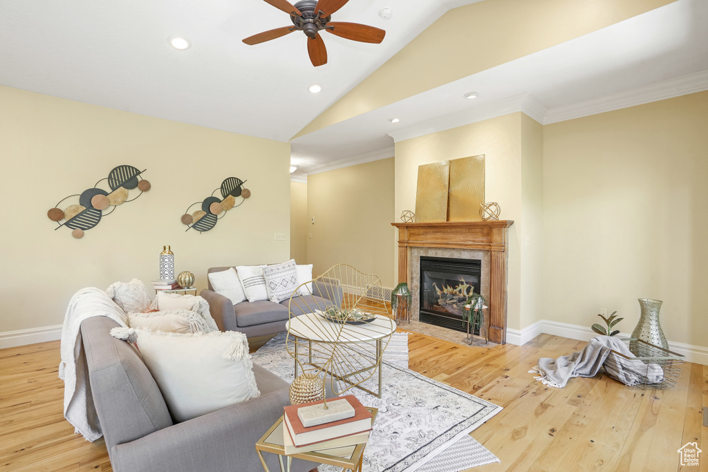 Living area featuring lofted ceiling, baseboards, wood finished floors, and a high end fireplace