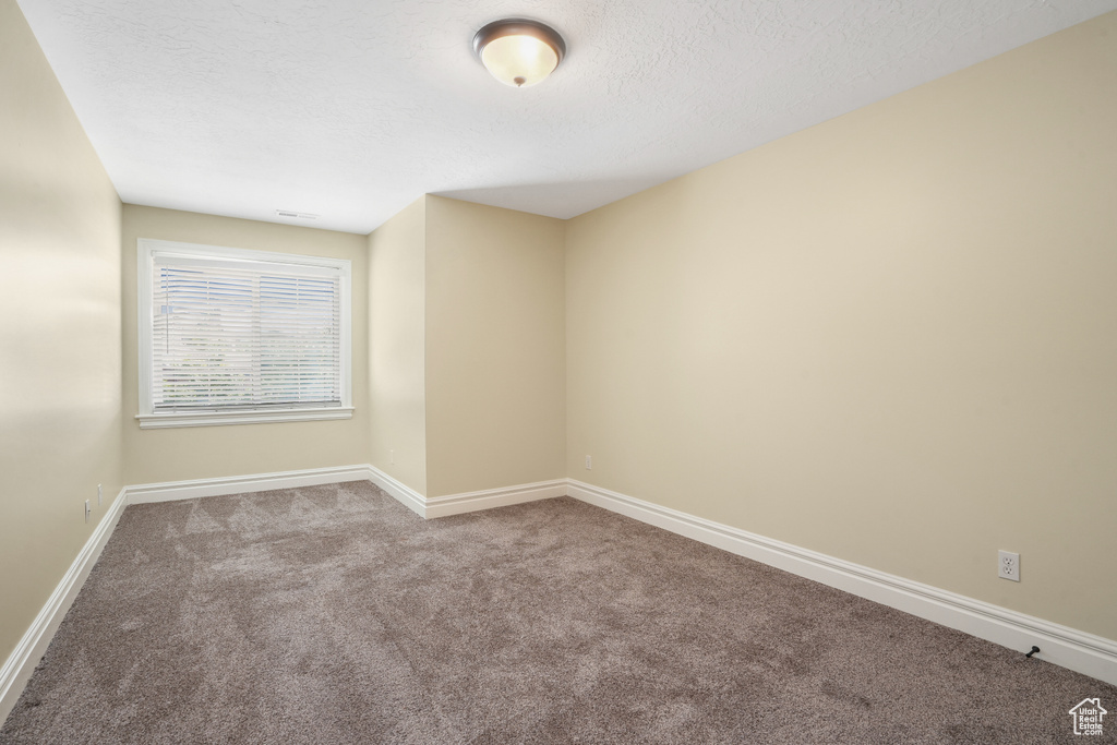 Carpeted spare room with baseboards and a textured ceiling