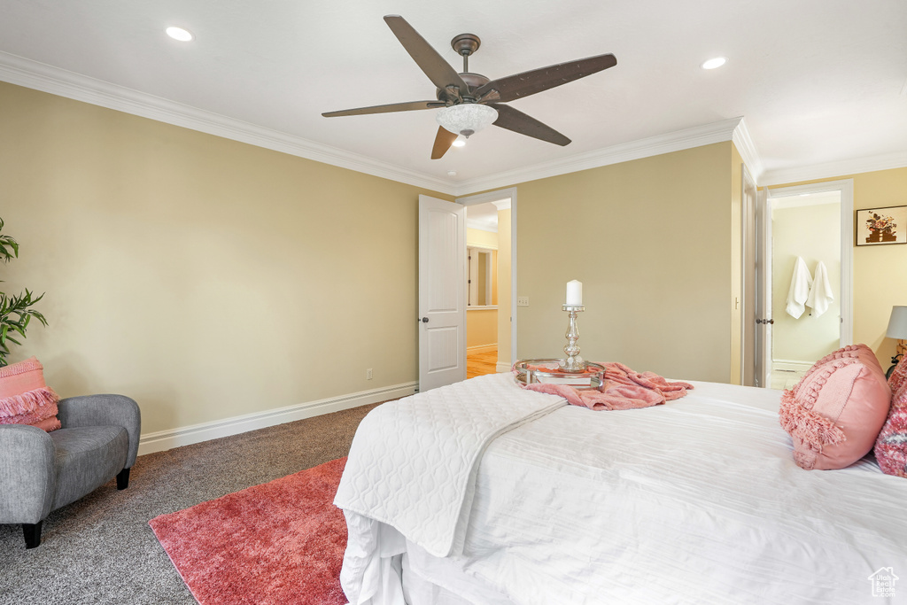 Carpeted bedroom with a ceiling fan, recessed lighting, crown molding, and baseboards