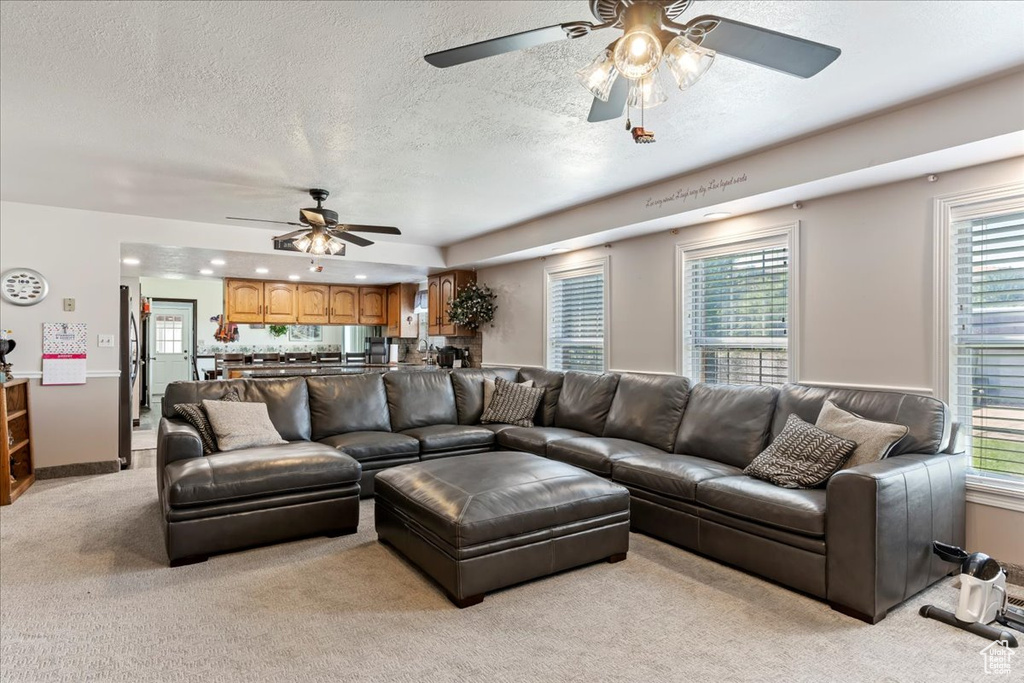 Living area featuring a textured ceiling and light colored carpet