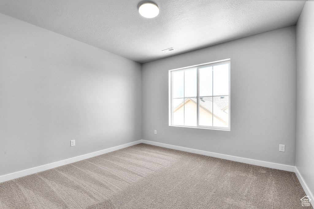 Spare room with a textured ceiling, carpet floors, and baseboards