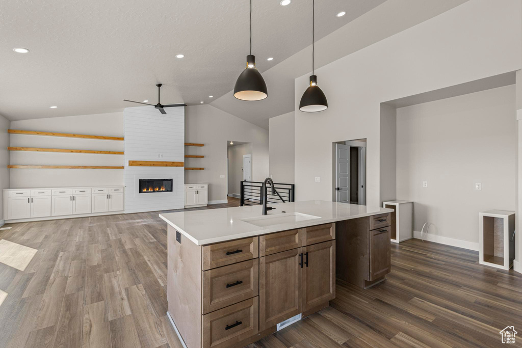 Kitchen featuring dark wood finished floors, a large fireplace, light countertops, and a sink