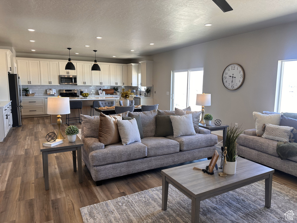 Living room with dark wood-style flooring, recessed lighting, and a textured ceiling