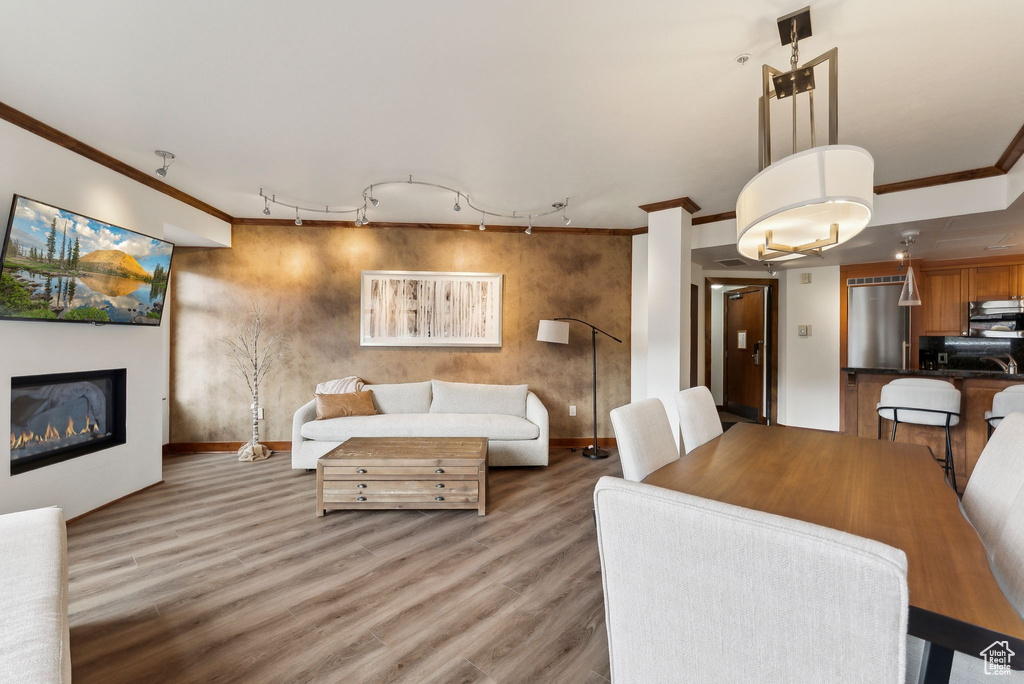 Dining room featuring ornamental molding, track lighting, baseboards, a glass covered fireplace, and light wood finished floors