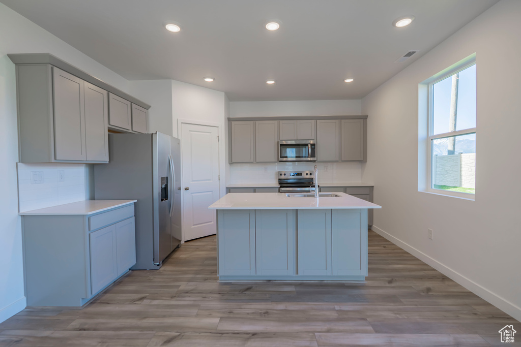Kitchen with appliances with stainless steel finishes, gray cabinets, tasteful backsplash, a sink, and recessed lighting