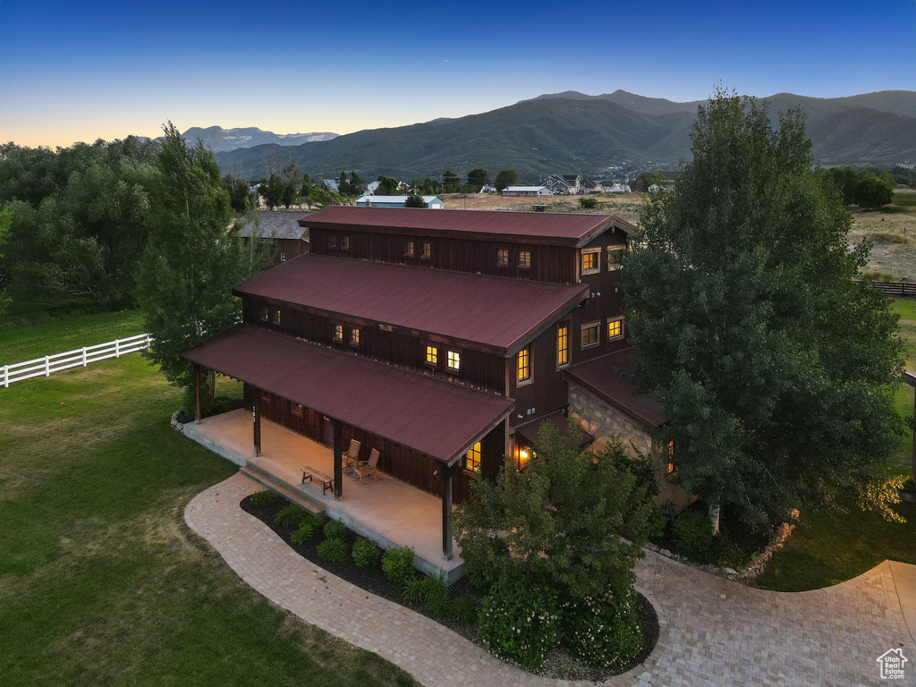 Aerial view at dusk of a mountain view