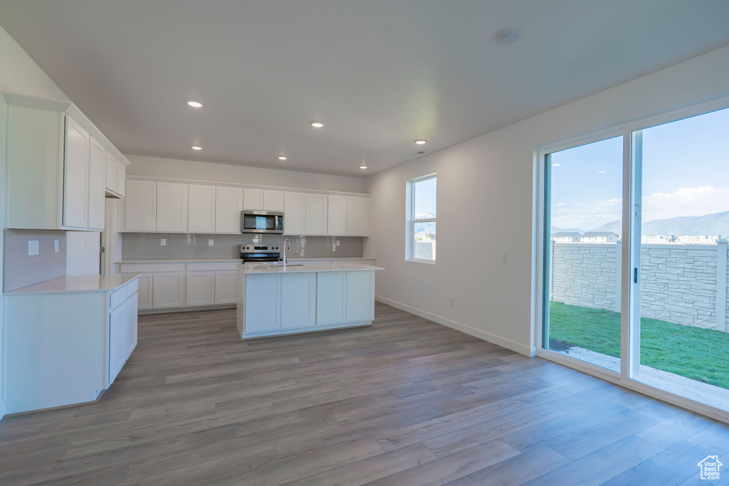 Kitchen featuring appliances with stainless steel finishes, light countertops, tasteful backsplash, light wood-style floors, and recessed lighting