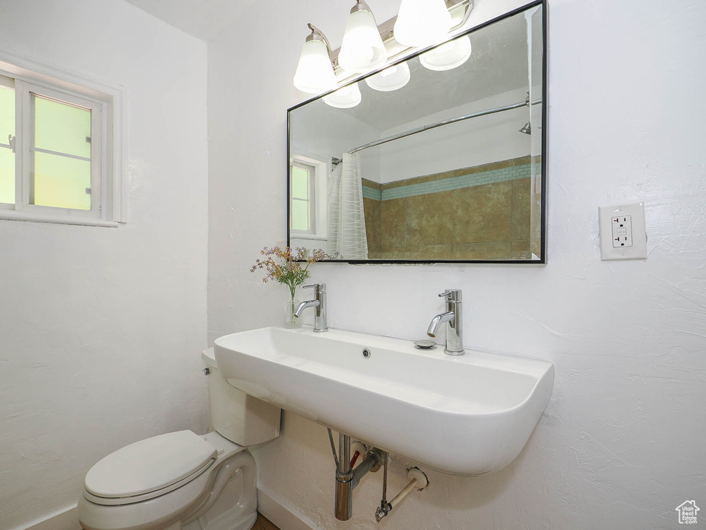 Full bath featuring toilet, a sink, a wealth of natural light, and a shower with shower curtain